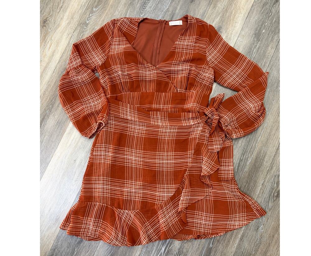 Altar'd State Rust Plaid Wrap Dress Long Sleeve Tie Waist Ruffle L